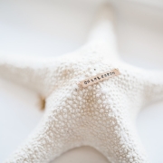 A gold bar stamped with the words Charleston on a gold chain displayed on a giant starfish