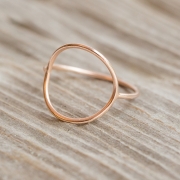 A gold open circle ring displayed on a piece of driftwood