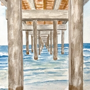 Watercolor and gouache painting of Folly Beach Pier