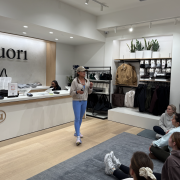 Julie Kaminski leading a workshop at Vuori, teaching strategies for building a thriving mind and body to a small group.”