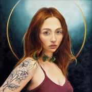 Red-haired woman with halo