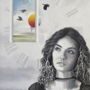 Black and white painting of a woman looking at an open door