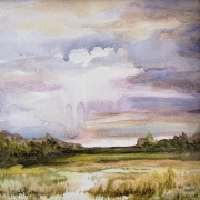 Rainy watercolor marsh in purple and green