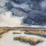 Blue storm cloud over a marsh watercolor