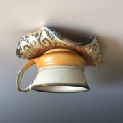 Cup and saucer, soda fired, thrown and slab built 