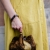 Brown with yellow stripe handmade wool bag cinch sack in circle shape with leather handle
